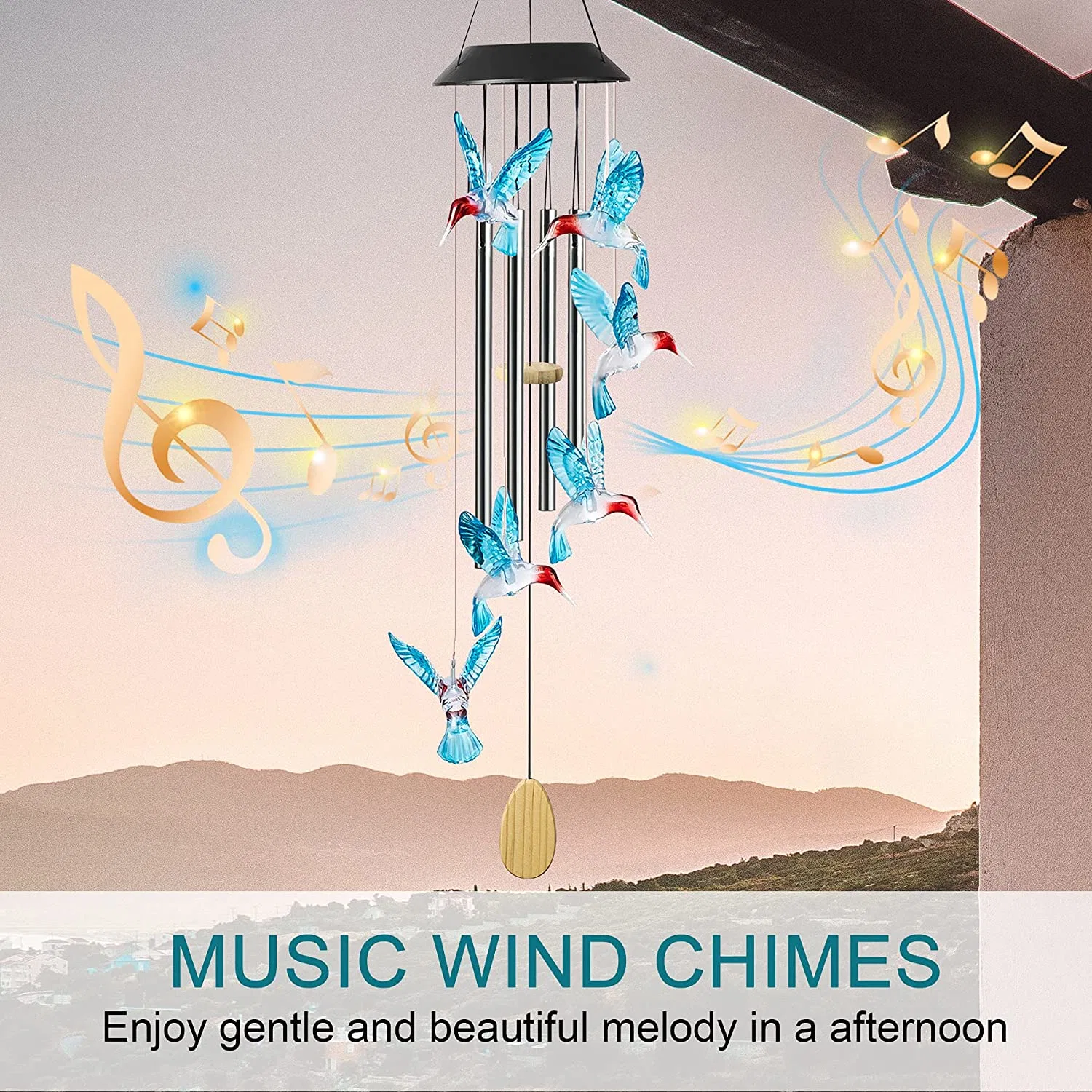 Solar Blue Hummingbird Wind Chimes LED