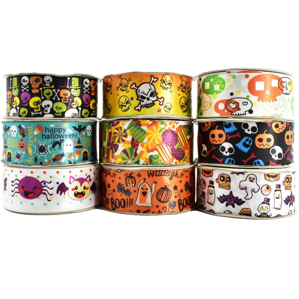 Halloween Festival Printed with Logo Satin Polyester Ribbon Heat Transfer Satin Ribbon for Gift Decoration