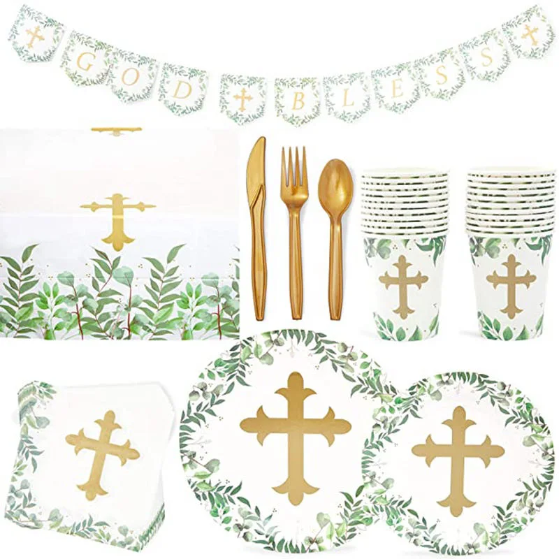 God Bless Party Plate Cup Napkins Disposable Tableware Set Baptism Party Decorations