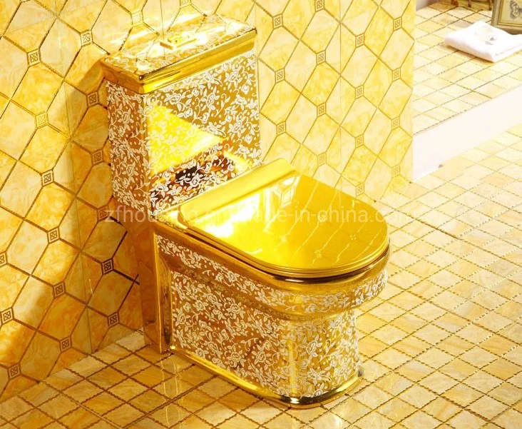 New Large Caliber Silent Gold-Plated Toilet Super Whirlpool One Piece Gold Toilet for Bathroom