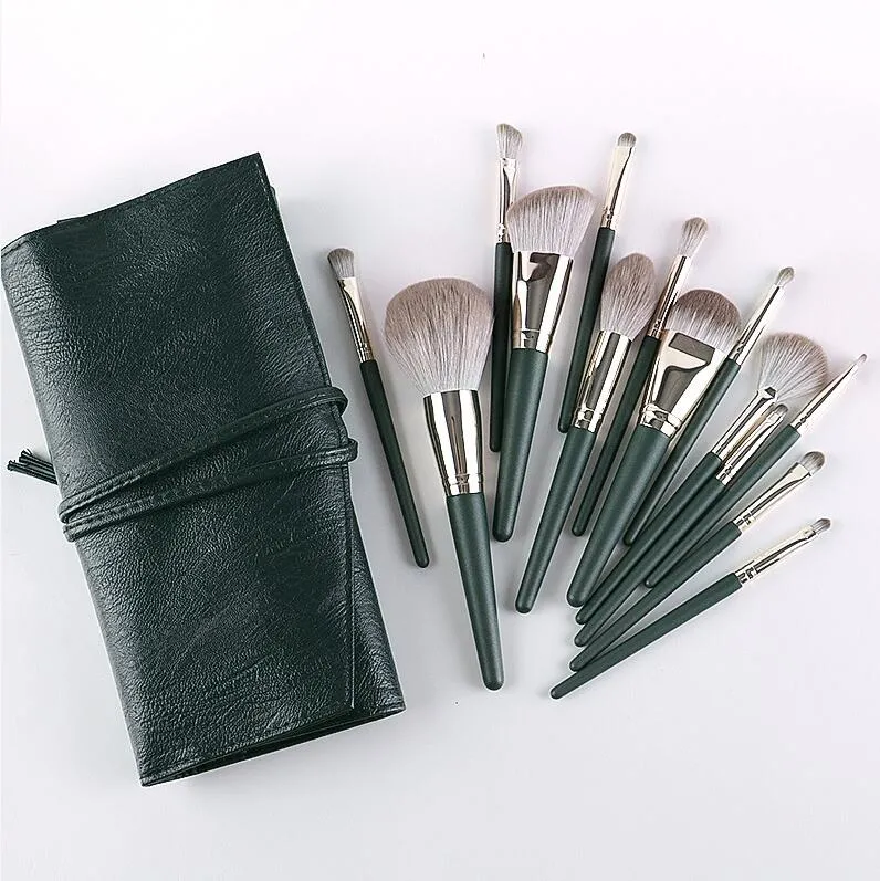 14PCS Green Luxury Set Kit Makeup Brush Private Label Foundation Cosmetic Brushes with PU Bag