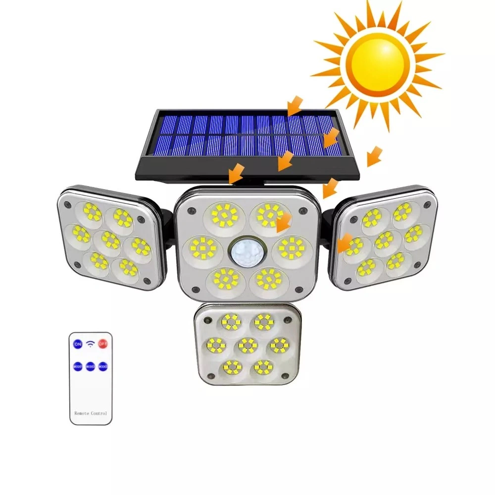 LED 180 à prova de água de venda direta de fábrica com lâmpada do sensor de movimento E telecomando 4 cabeças LED para exterior de aplique solar