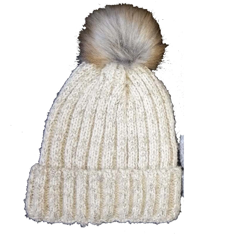 Lady Winter Warm Fashion Knitting Boucle Bobble Hat with Fake Fur Pompom