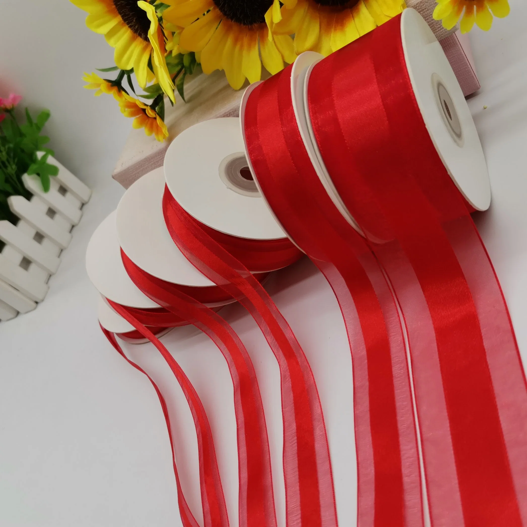 100% Nylon Sheer Ribbon with Satin Center for Christmas/Decoration/Hair Bows/Wedding