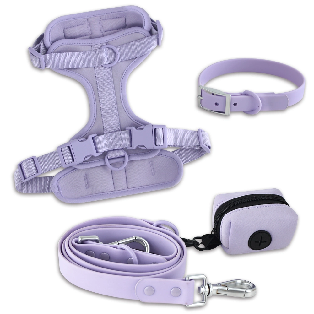 Factory New Lightweight Custom Logo Pet Dog Safety Harness Adjustable Soft Padded Air Layer Dog Harness with PVC Dog Collar Leash Poop Bag Holder