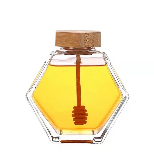 100ml 220ml 380ml Honey Comb Hexagon Flat Honey Jar Glass Bottle Storage with Wooden Cork Lids