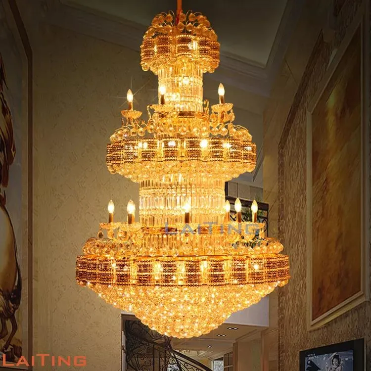 Grande lampe suspendue en cristal doré avec un énorme lustre islamique, projet arabe de lampes personnalisées, grand lustre en cristal de luxe doré.