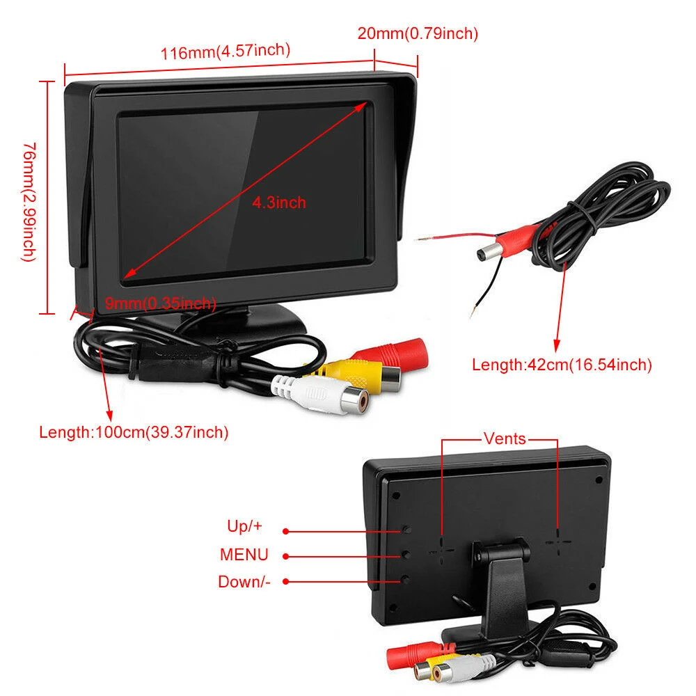 Pantalla LCD TFT de 4,3" para vehículos Vista trasera pantalla de estacionamiento Monitor 12-24V