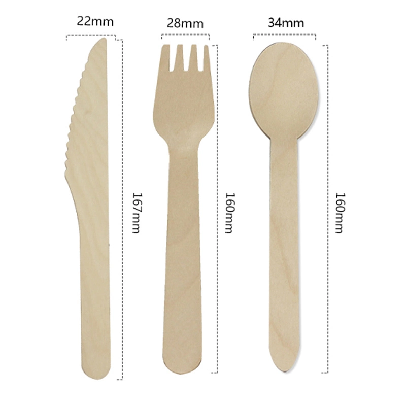 Eco-friendly Cubertería de madera de abedul desechable 160mm cuchara cuchillo tenedor