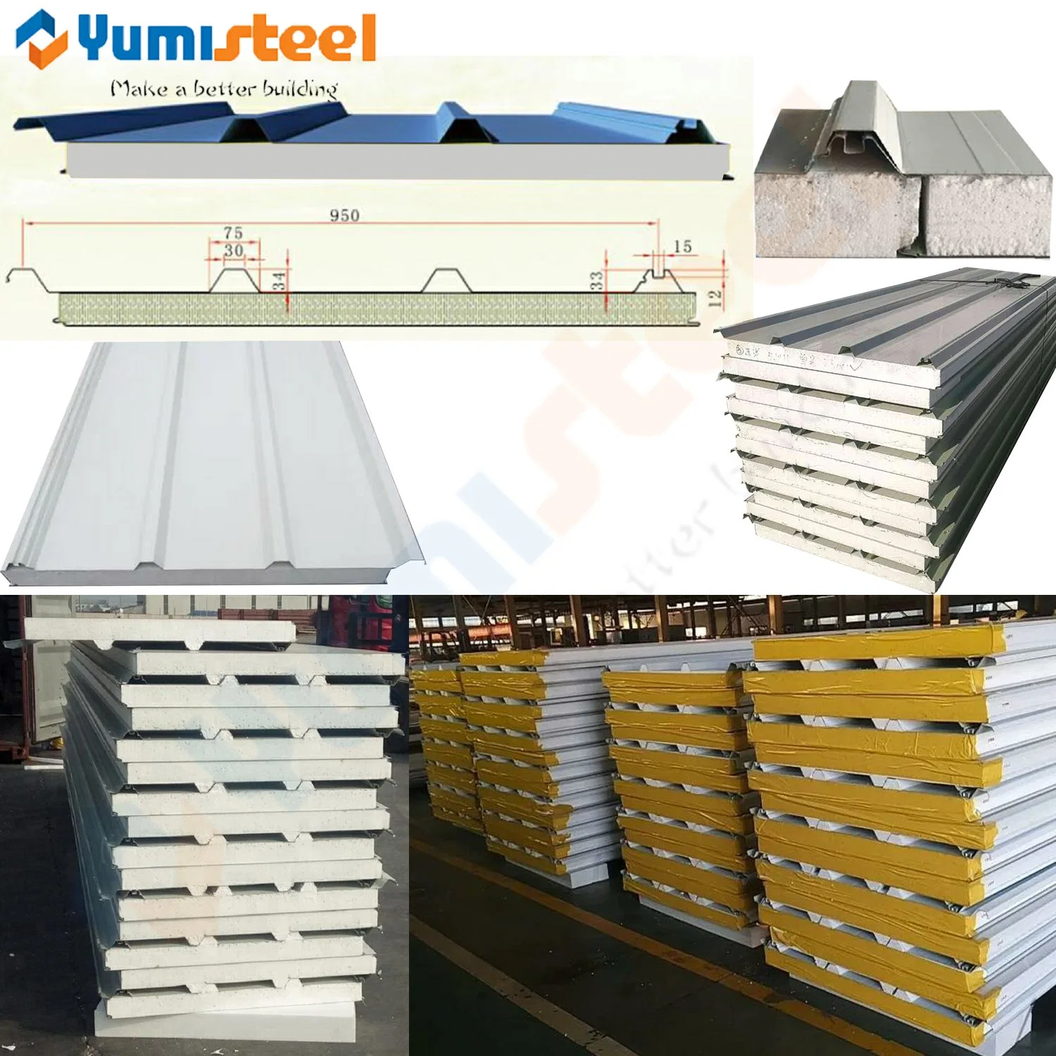 Fireproof Rockwool/EPS Insulated Steel Roof/Wall Sandwich Panels for Steel Buildings