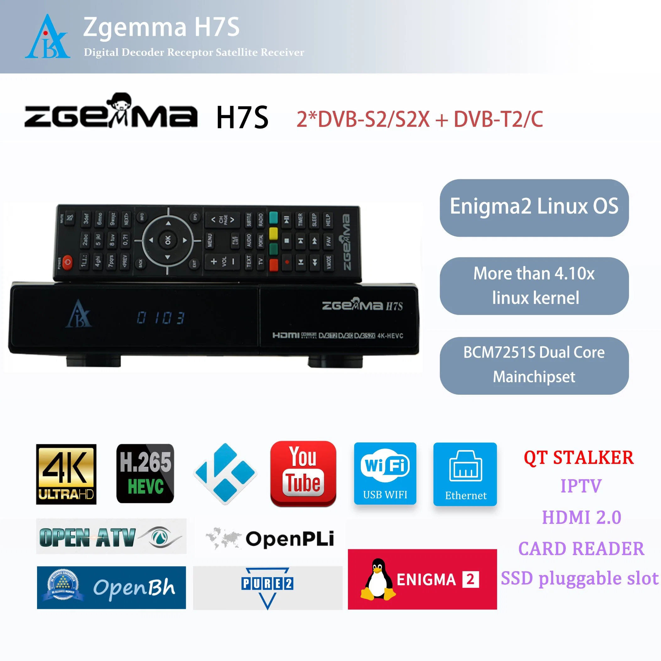 Receptor de TV por satélite Zgemma H7S - 4K UHD, Enigma2 Linux OS, Dual DVB-S2/S2X + DVB-T2/C sintonizador
