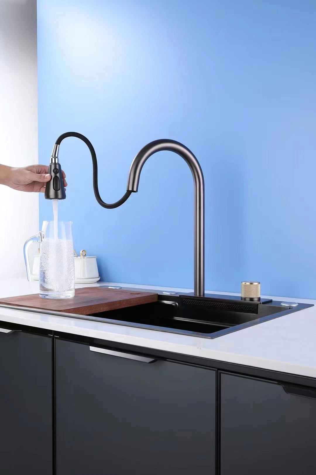 Hot Sale Simple Design Fashion SUS 304 Stainless Steel Metal Gray Finish Sink and Waterfall Kitchen Faucet Mixer All in One Kits