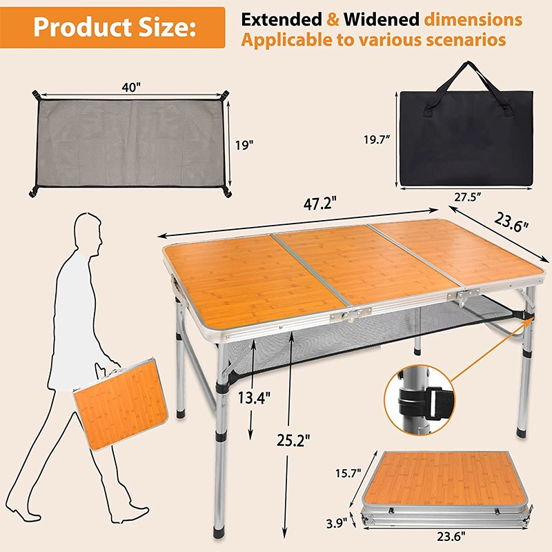 Adjustable Height Aluminum Portable Picnic Lightweight Outdoor Table with Mesh & Carrying Bag