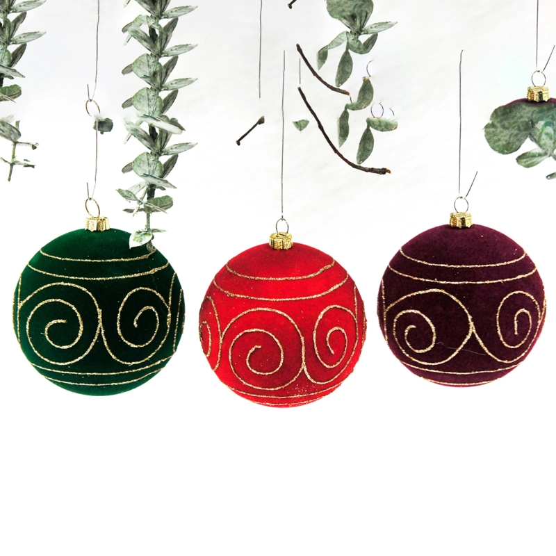 Red and Green New Flocking Christmas Glass Ball Hanging Christmas Tree Decoration