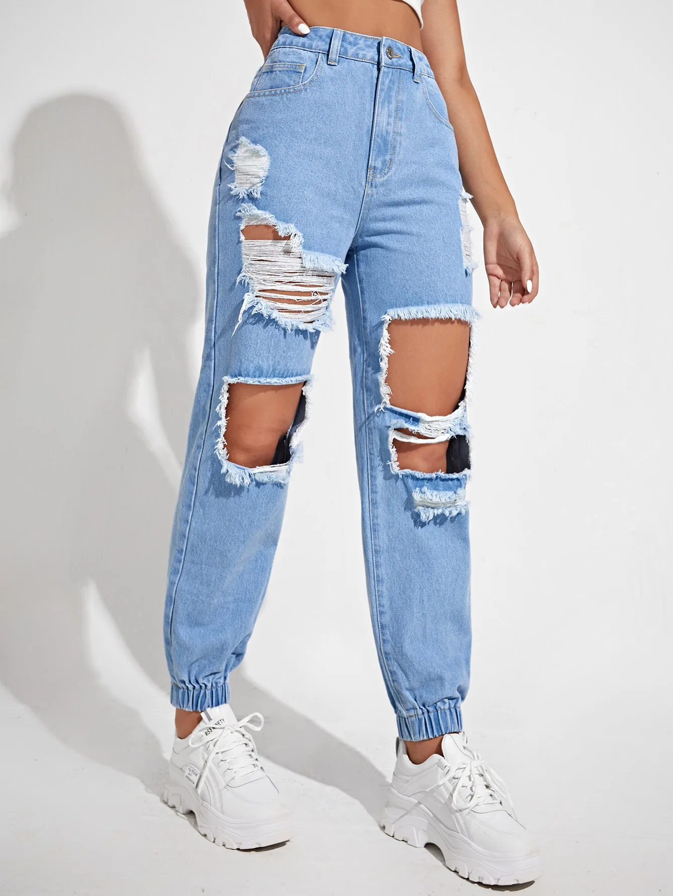 Jeans de mujer de moda nuevos, de calidad, con agujeros rasgados en la cintura alta, sin estiramiento, con dobladillo inferior, estilo boyfriend, color azul claro