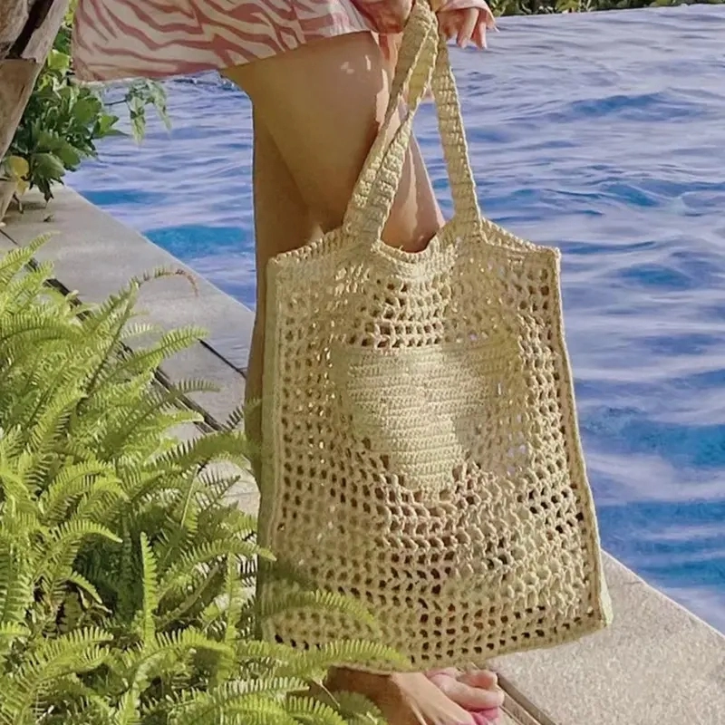 Handmade Summer Straw Beach Bali Tote Bag Bamboo Woven Rattan Bag with Pearl Hand