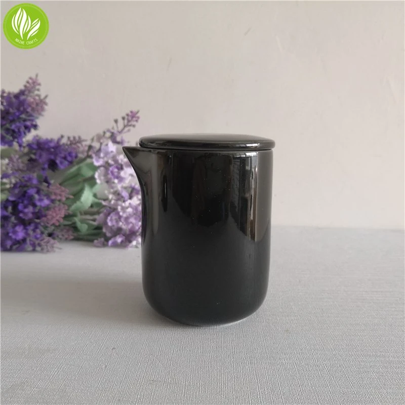 Fashion Style Glossy Black Ceramic Massage Candle Vessel Candle Jar with Spout