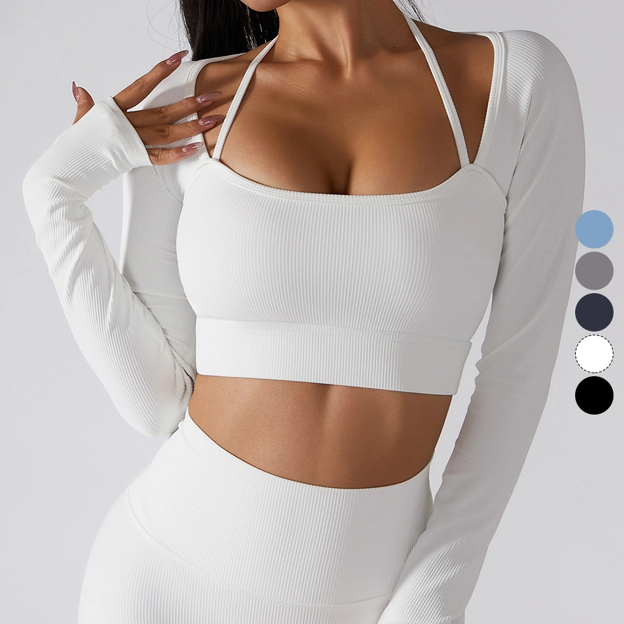 Halter Neck Shoulder Strap Thumb Cuff Design Ribbed Long Sleeves Crop Top Yoga Tracksuit