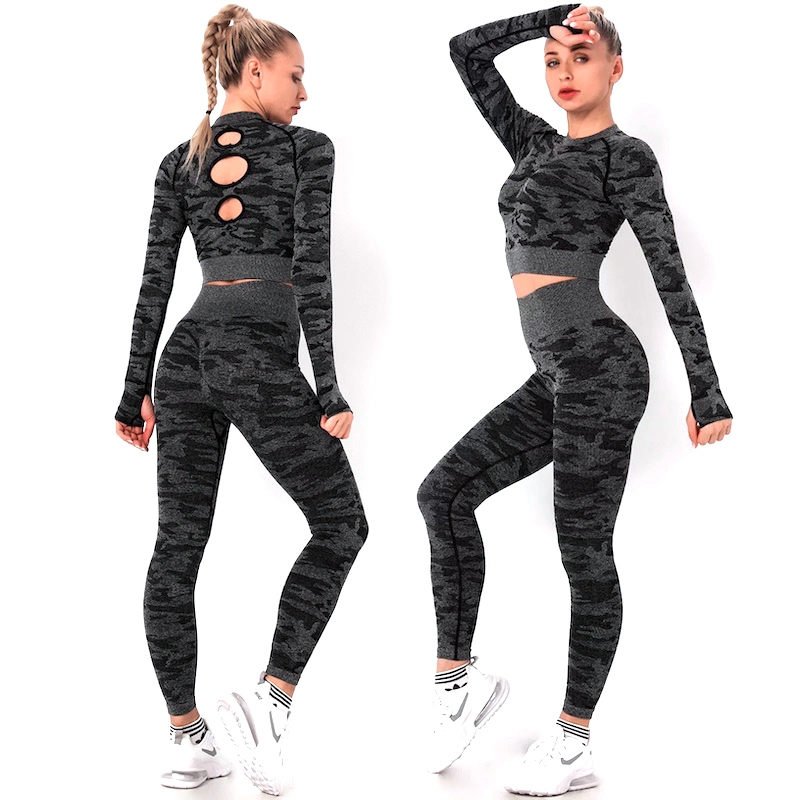 Cute Cut out Back Black Winter Tracksuit Seamless Athletic Garments for Women, Camo Pattern Knit Long Sleeve Top + Stretchy Leggings Exercise Clothes