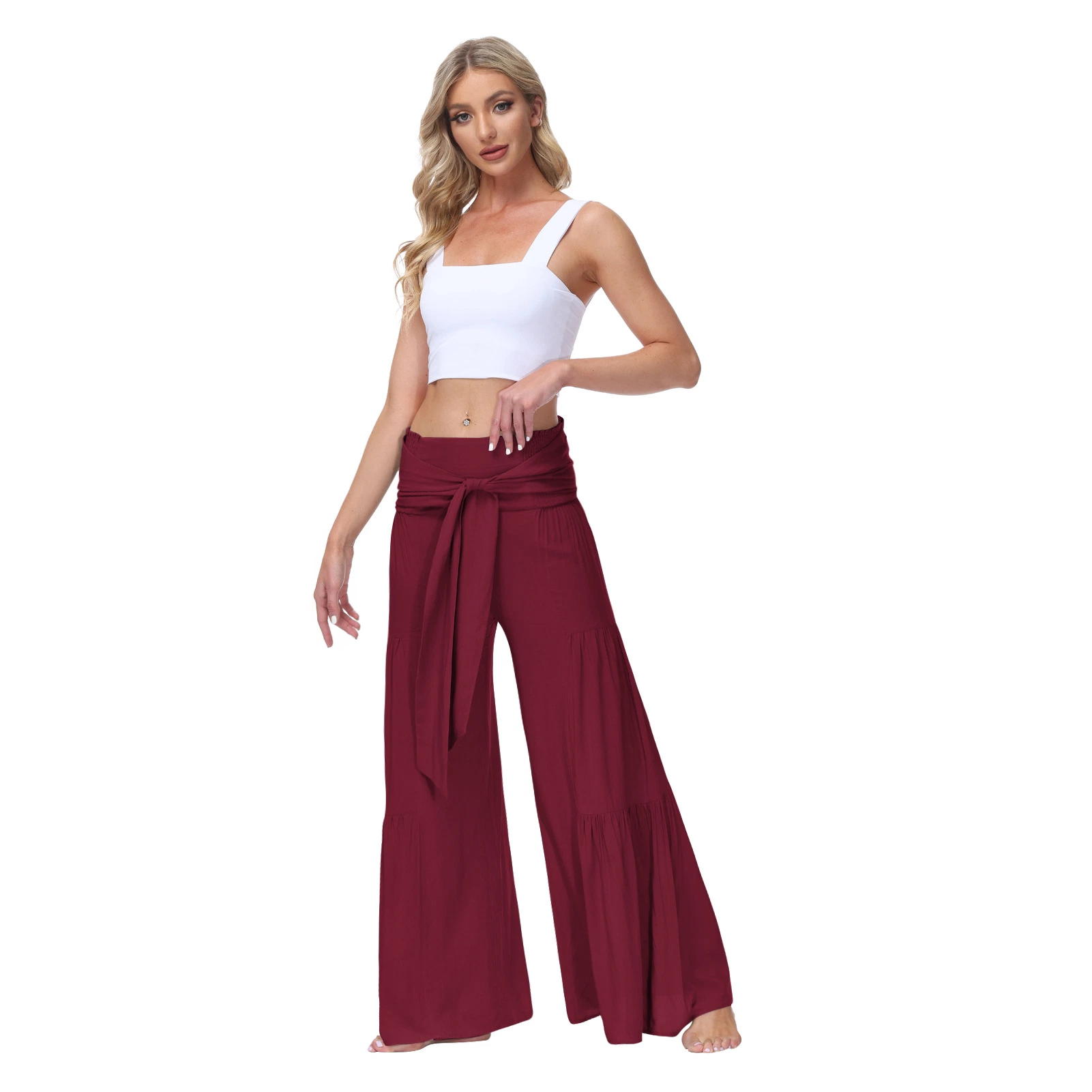 Fashion Strap Elastic Waist Pleated Wide Leg Pants Loose Pants