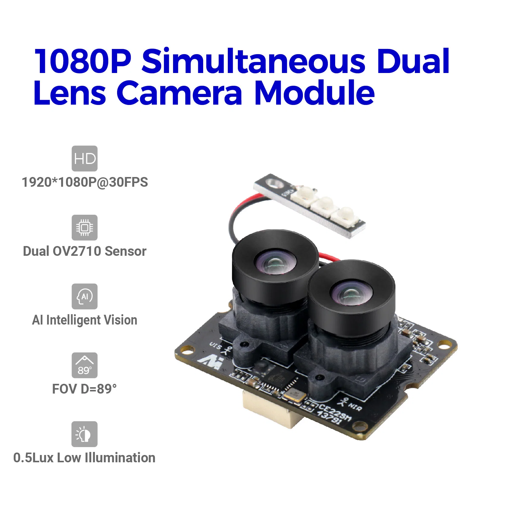 2MP Ov2710 Full HD 1080P Low Light RGB and IR CMOS Micro Camera Module with 89degree Lens for 3D Liveness Detection