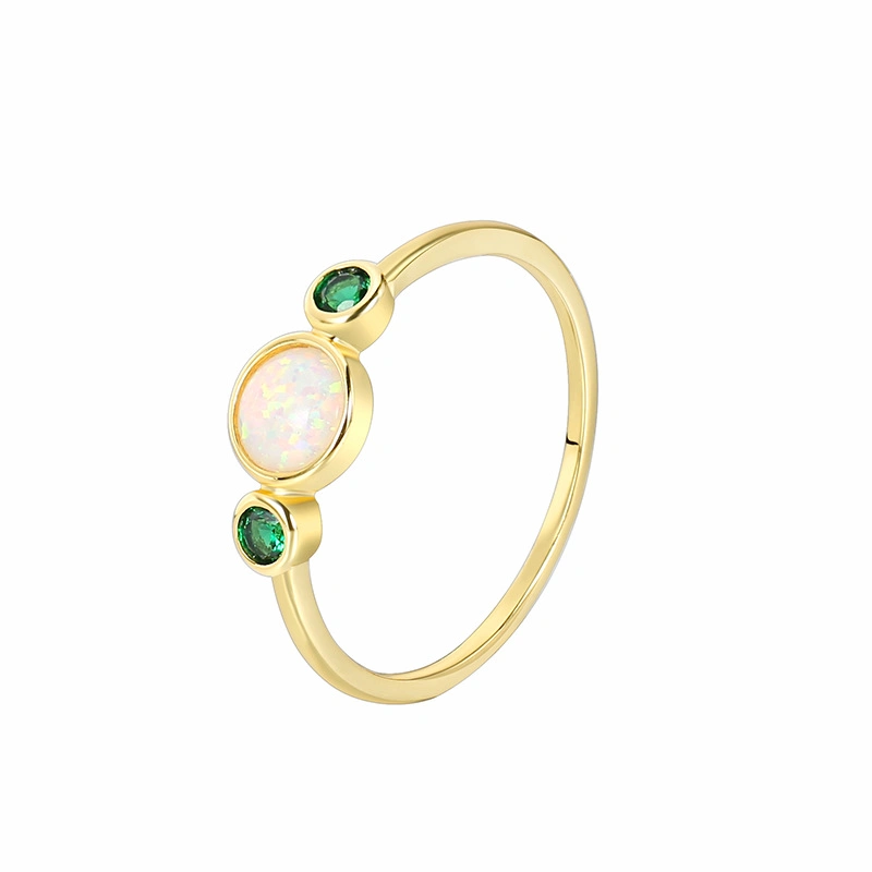 Wholesale Fashion Minimalist Brass Gold Plated Round Multi Gemstone Green Zircon White Opal Tiny Ring for Women
