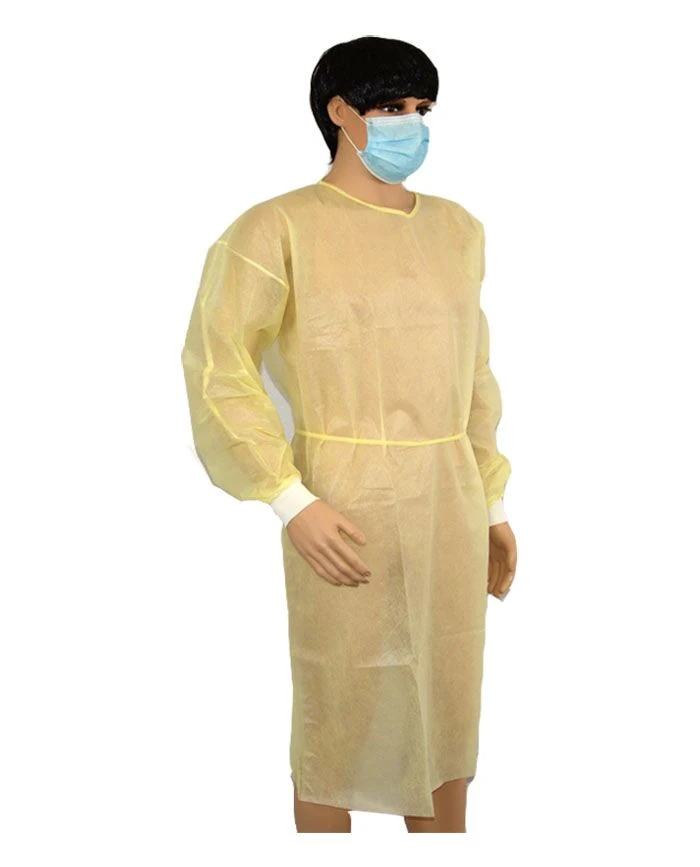 China Supply of Disposable PP+PE Isolation Gown Fluid Resistant Protective Gown in Stock