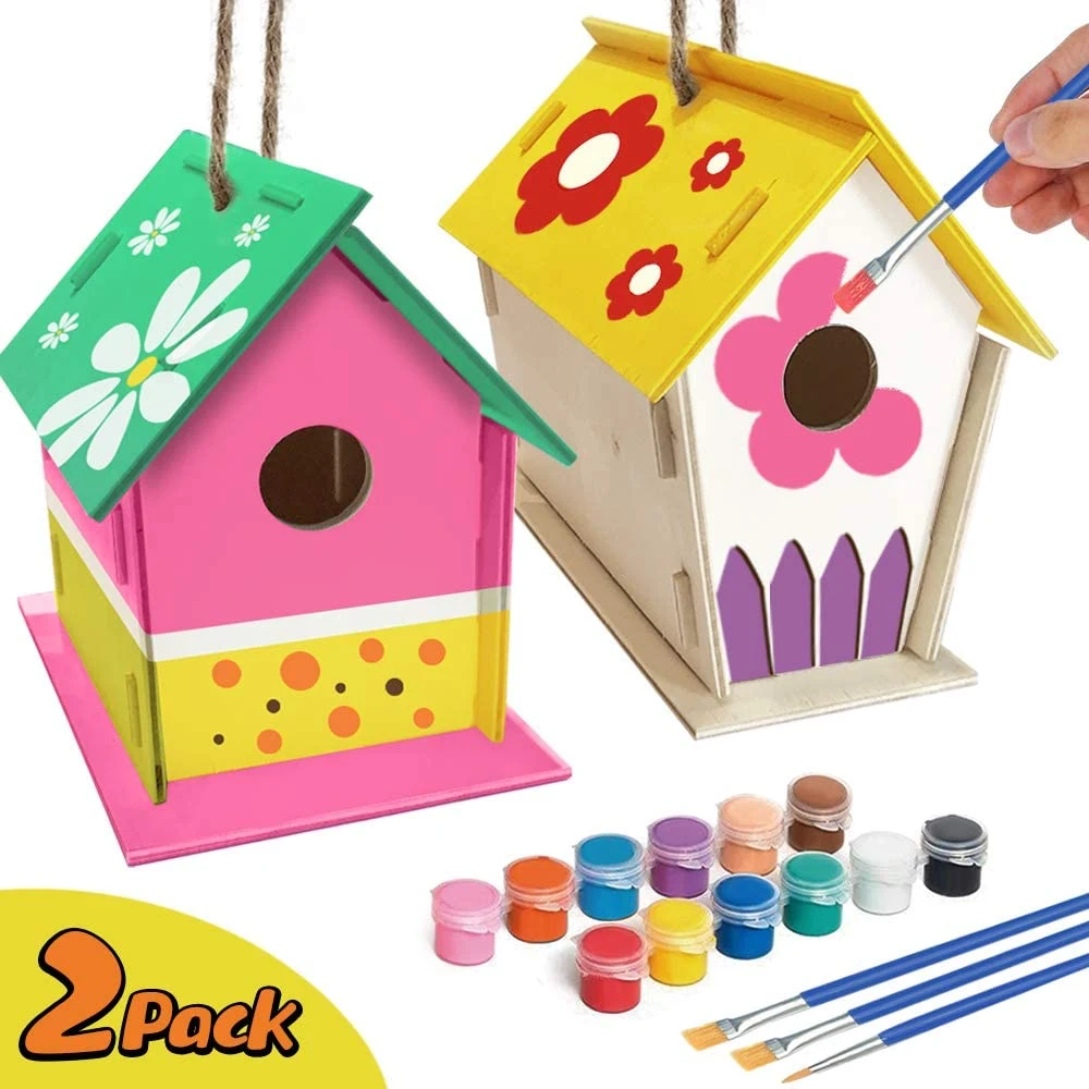 Artisanat pour enfants 4-8 ans Arts du bois 2 packs Bricolage oiseau Kit maison et peinture de la maison d'oiseau (y compris peintures et brosses) Arts en bois pour filles