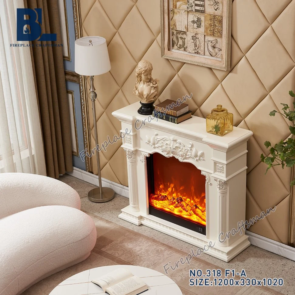 White Modern Freestanding Solid Wooden Resin Carving Home Electric Fireplace Corner Mantel Dining/Bedroom/Hotel Living Room Furniture for Decoration