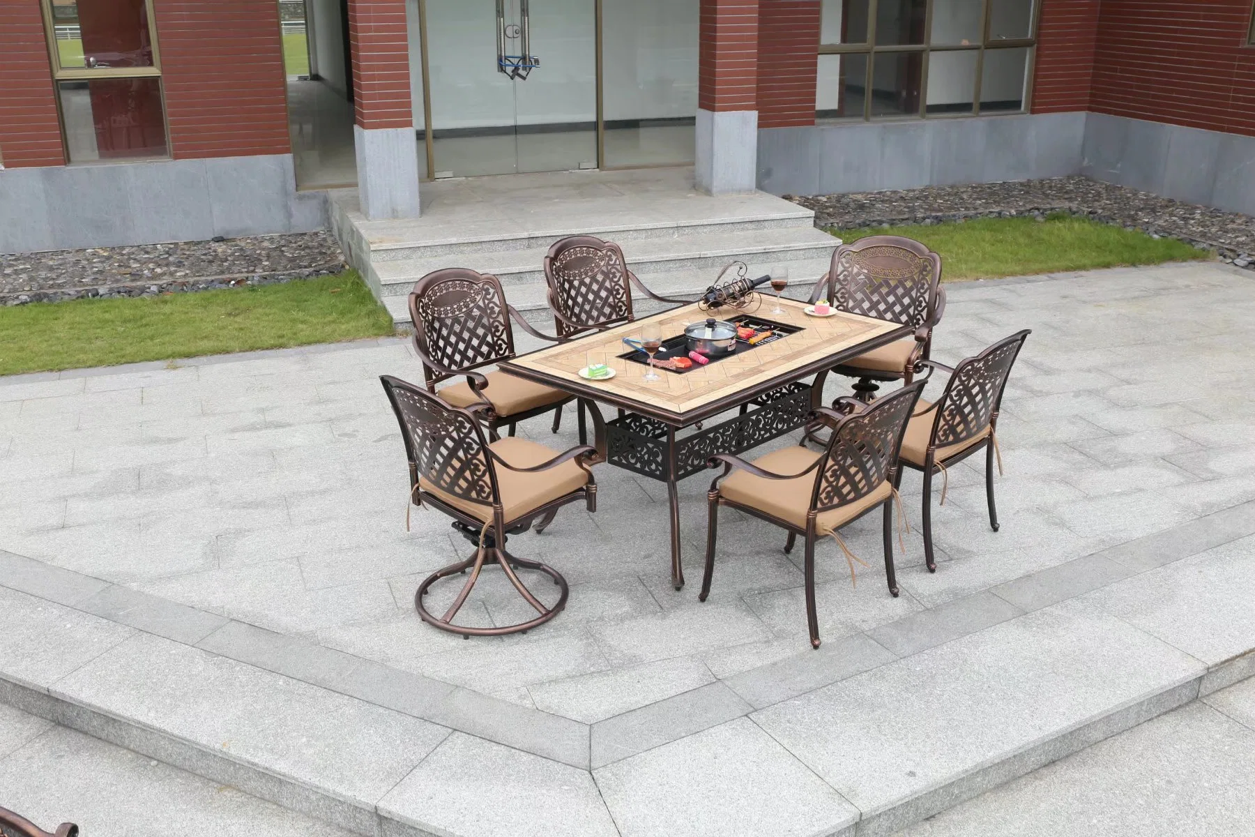 Muebles de Exterior Silla de Comedor Patio barbacoa Set de cerámica de la tabla barata Fogata BBQ Set