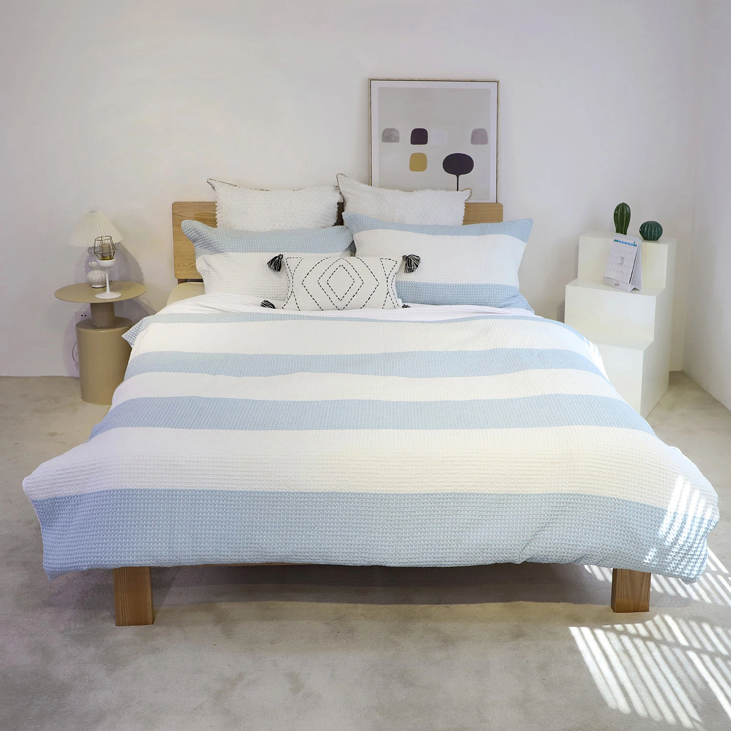 Ensemble housse de couette 100 % coton à rayures gaufrées, blanc et bleu avec Parure de lit douce et aérée Shams