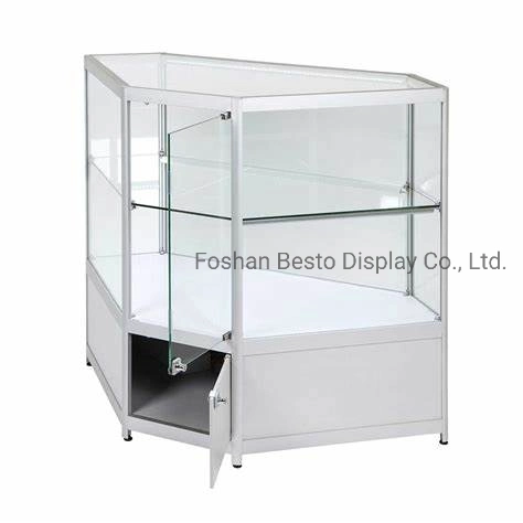 Retail Display Glass Showcase Corner Cabinet with Lock and Adjustable Glass Shelves for Retail Store Display, Jewelry Display, Makeup Display, Museum Display