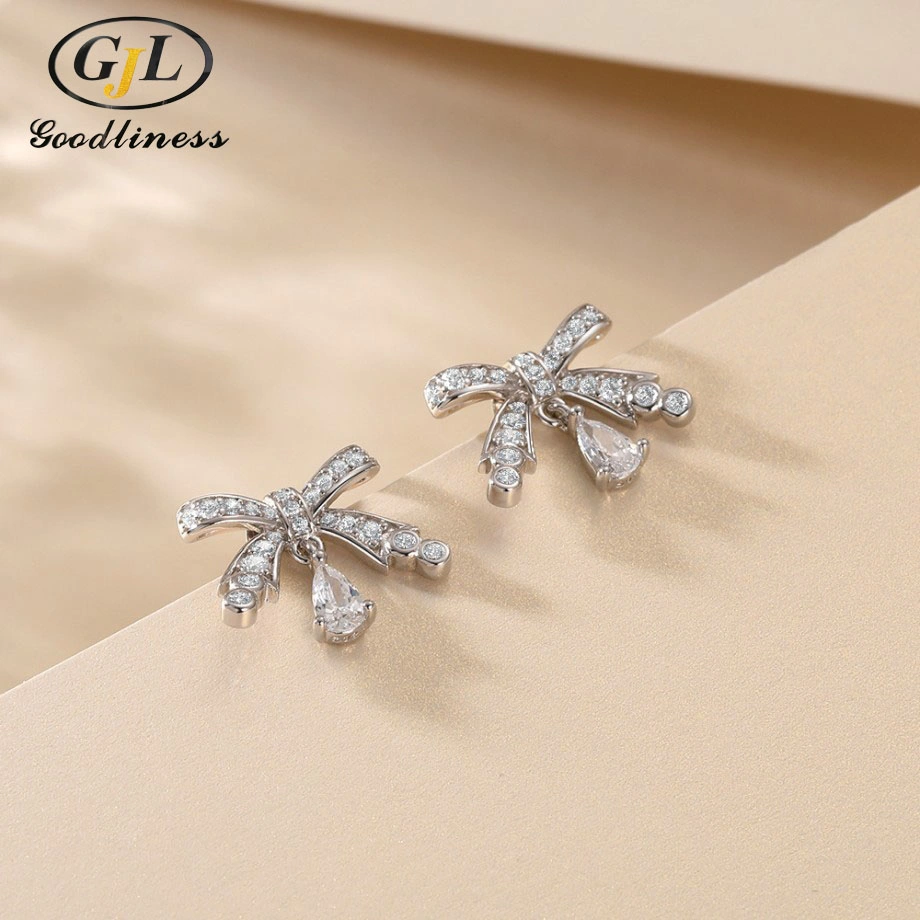 S925 Sterling Silver Bow Set Zircon Earrings