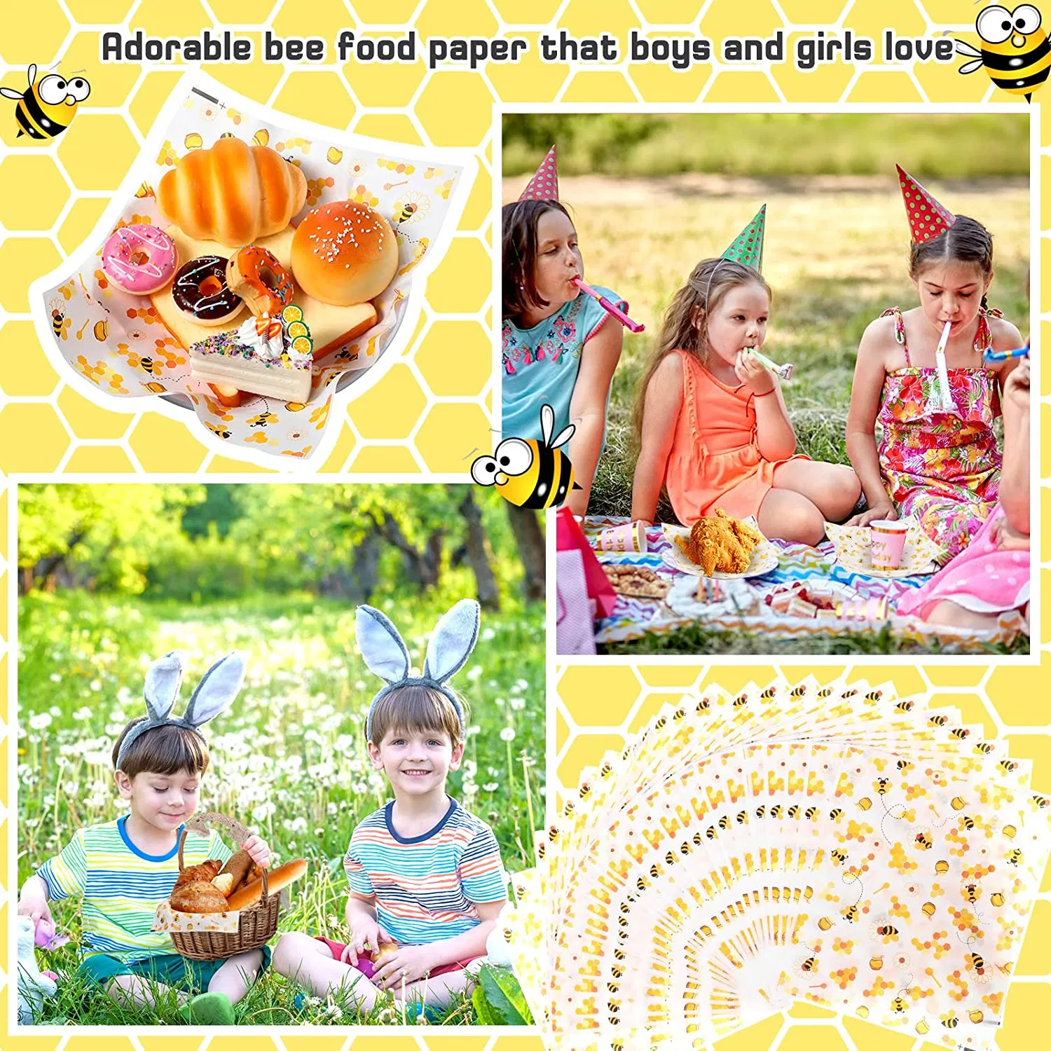 Papel de Cera de Bee Day para el alimento Bee Party favor de Cera Papel hojas Deli papel sandwich envolver Candy galletas envolver Picnic Revestimientos de la cesta con patrón de la abeja para la cocina de la barbacoa H