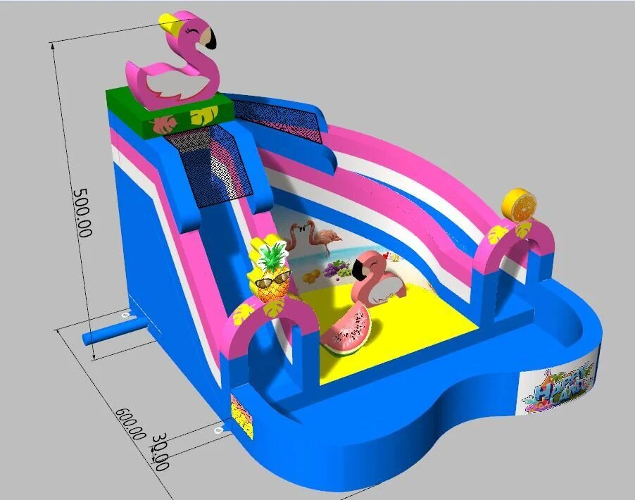 High quality/High cost performance  Flamingo Theme Wet Inflatable Slide with Ball Pit Inflatable Water Park Slide with Pool