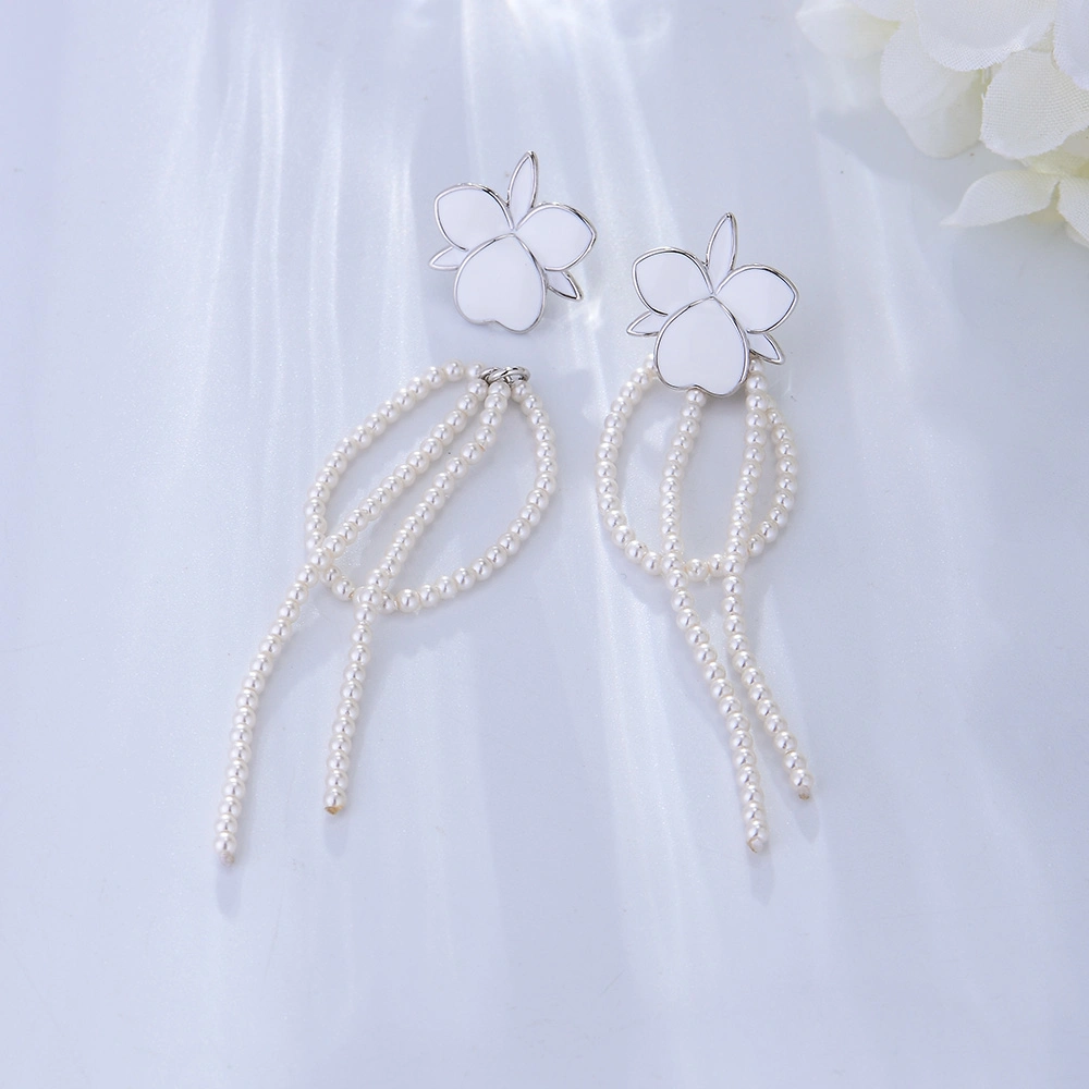 New White Flower Pearl Paint Women Copper Chain Drop Earrings