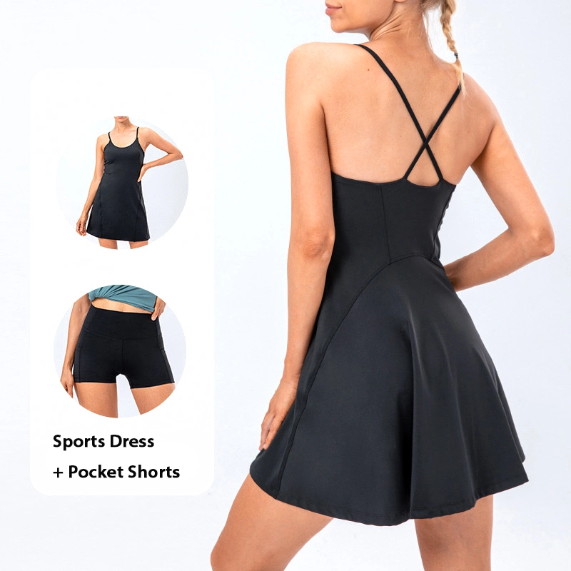 Wholesale Womens Sexy Fitness Apparel Pilates Outfits Cute Black Exercise Dress with Detachable Pocket Shorts + Built-in Bra for Tennis Golf Volleyball Jogging