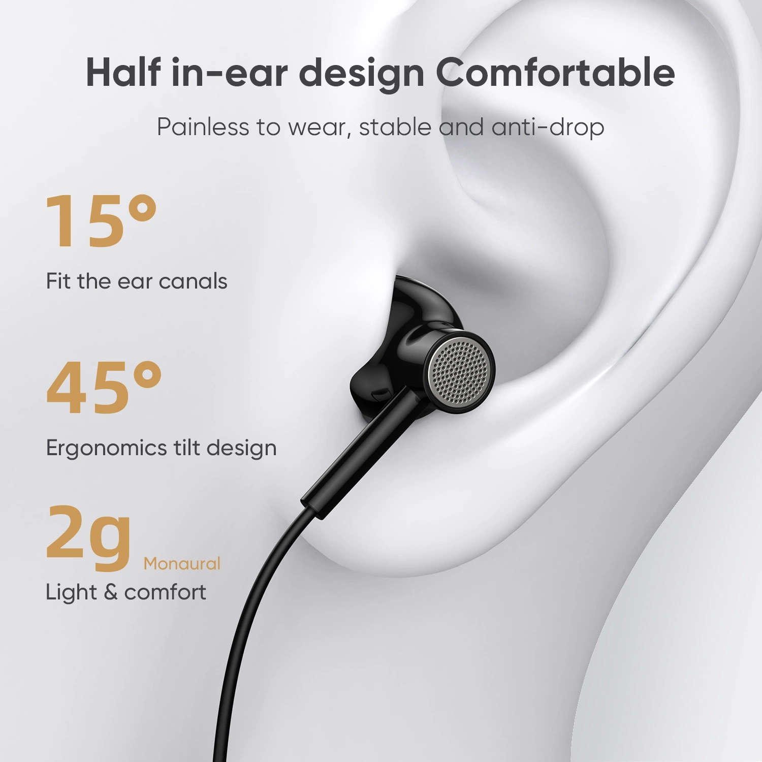 Semi-in-Ear Type-C Wired Headset High Sound Quality Headphone Earphone with Microphone - Black