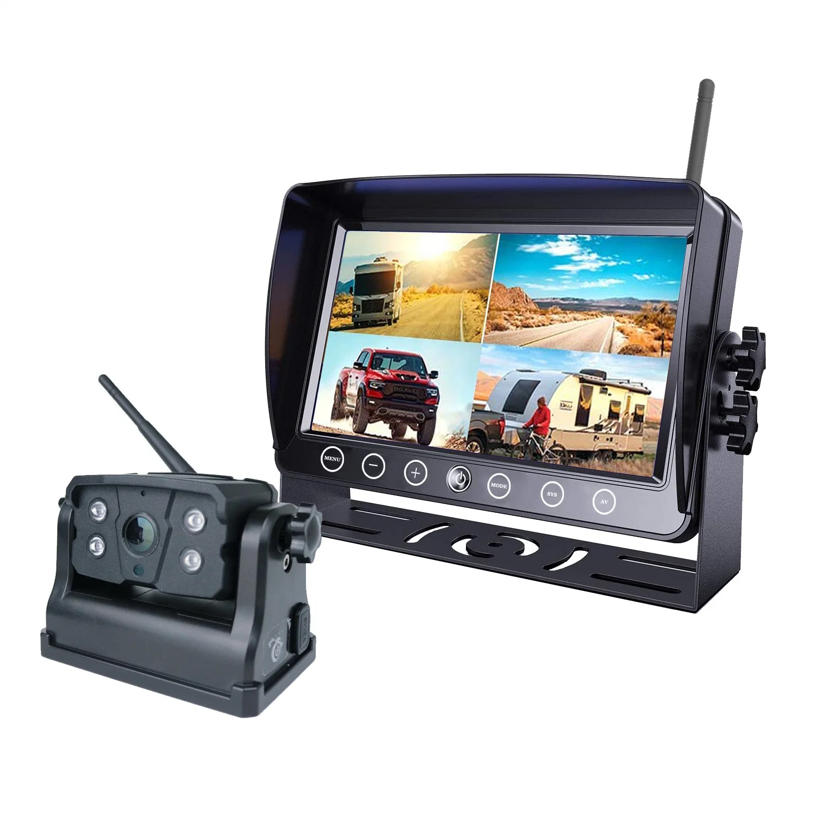 Caméra de recul sans fil numérique 7" avec moniteur quad intégré, enregistrement en boucle, base magnétique, alimentation par batterie.