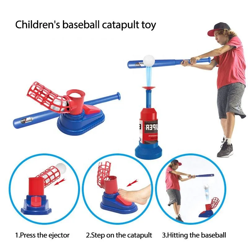 Kid Outdoor Sport Activity Game Balls Catapult Toy Plastic Funny Training Bat Baseball Launcher Set