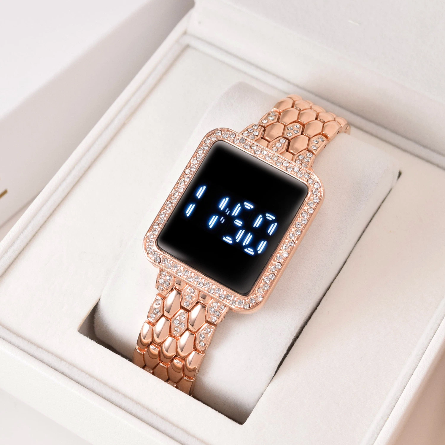 Square Diamond-Encrusted LED simple Acero Correa toque Reloj de Mujer Casual Moda reloj electrónico para mujer