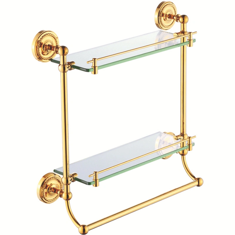 Wall Mounted Corner 2 Tier Glass Shelf Gold Stainless Steel Bathroom Double Glass Shelf