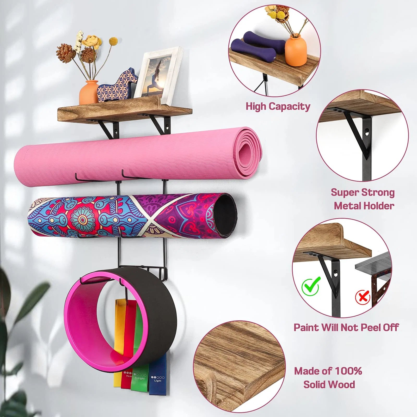 Yoga Mat Holder Wall Mount Yoga Mat Storage Home Gym Accessories with Wood Floating Shelves and 4 Hooks for Hanging Foam Roller and Resistance Bands at Fitness