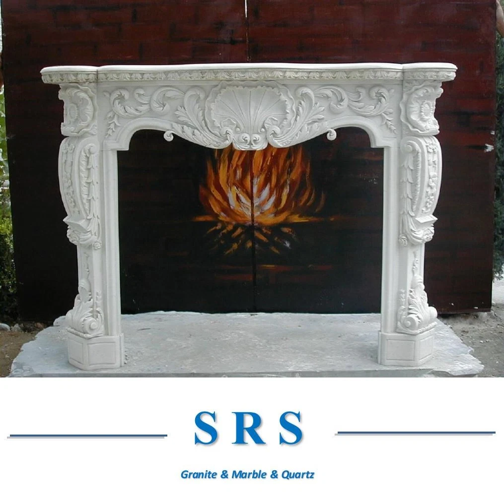 Modern White Marble Stone Fireplace with Carving