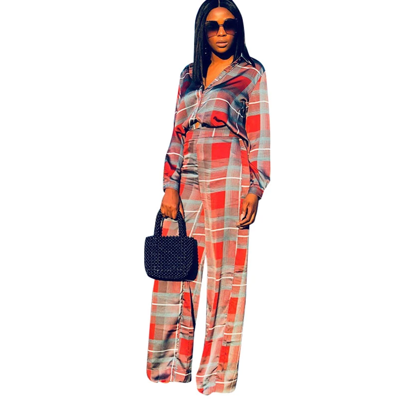 L2529 Casual Grids Printed Red Two-Piece Pants Set