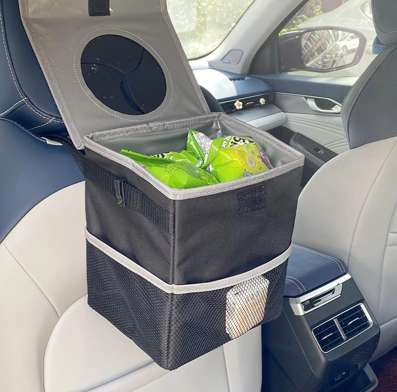 Leakproof Waterproof Vehicle Trash Can with Lid and Pockets for Garbage Storage