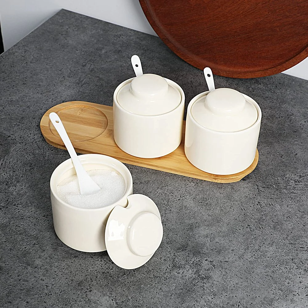 Porcelain Condiment Jar Set of 3 Spice with Tray Ceramic Condiment Pot Spoon and Lid Seasoning Box Sugar Bowl 8oz