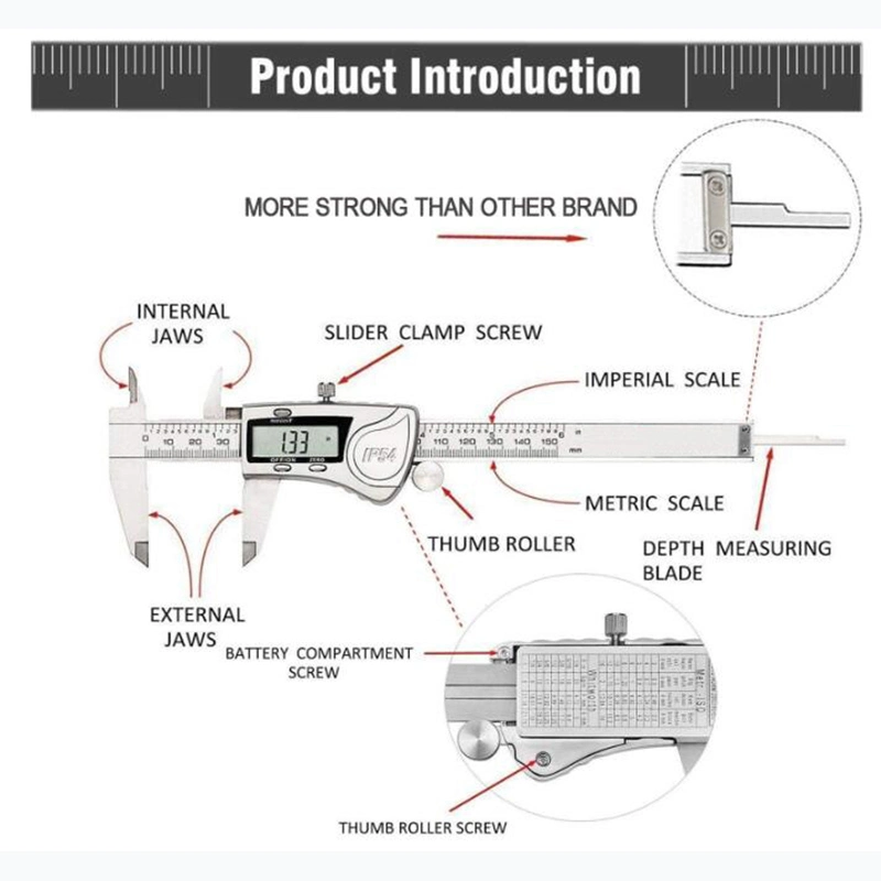 Digitaler Messschieber, Preciva elektronischer digitaler Messschieber aus Edelstahl mit 2,2''''' großem LCD-Bildschirm und Bruch/Zoll/metrische Umrechnung für Länge Tiefe inne