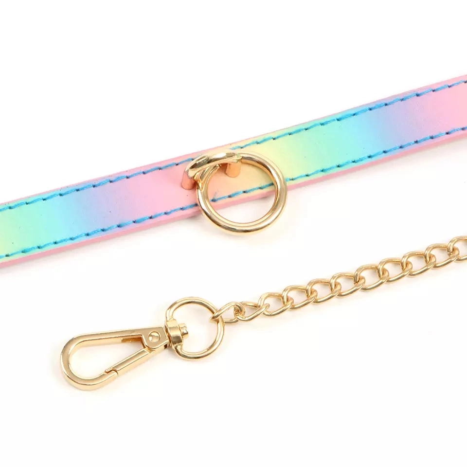 Bdsm Rainbow Leather Bondage Sex Collar Traction Rope Chain Leash Adult Game Dog Chain Punish Neck Collar