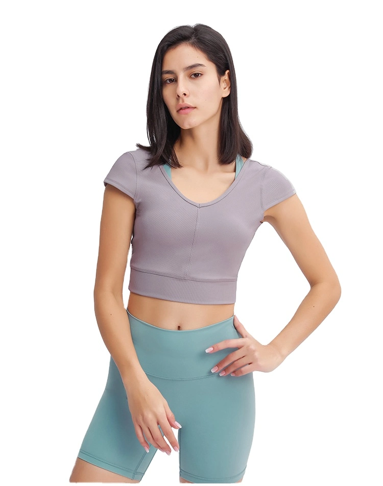 Dt060 Women Ribbed Yoga Short Sleeved Lounge Wear V-Shaped Back-Cross Outdoor Sports Fitness Crop Top